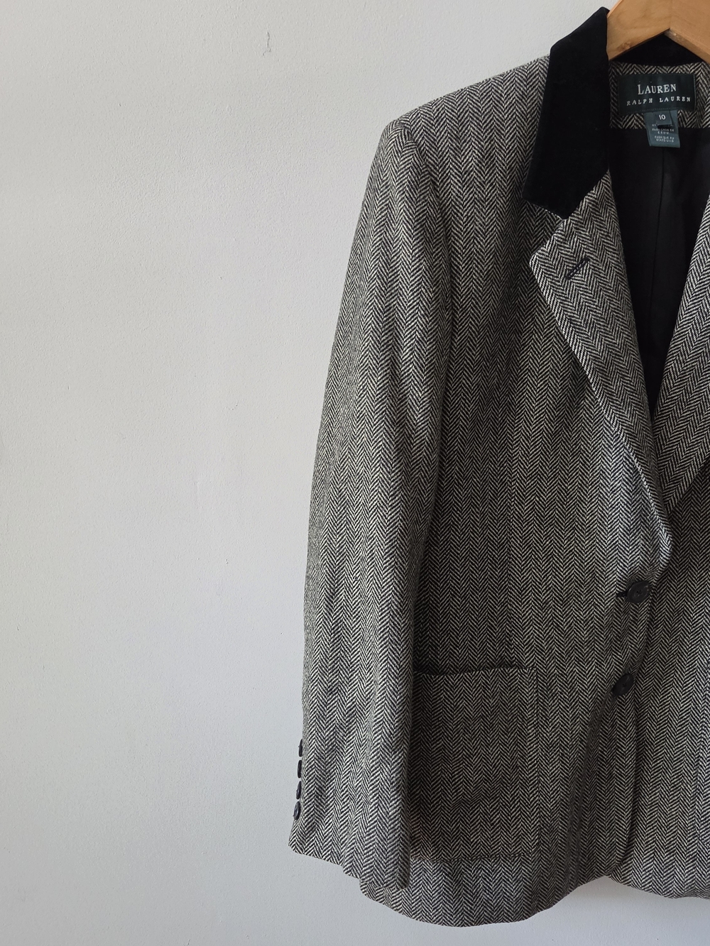 Lauren Ralph Lauren Wool Herringbone Blazer Black Velvet Collar Women's Size 10 - Picture 3 of 9